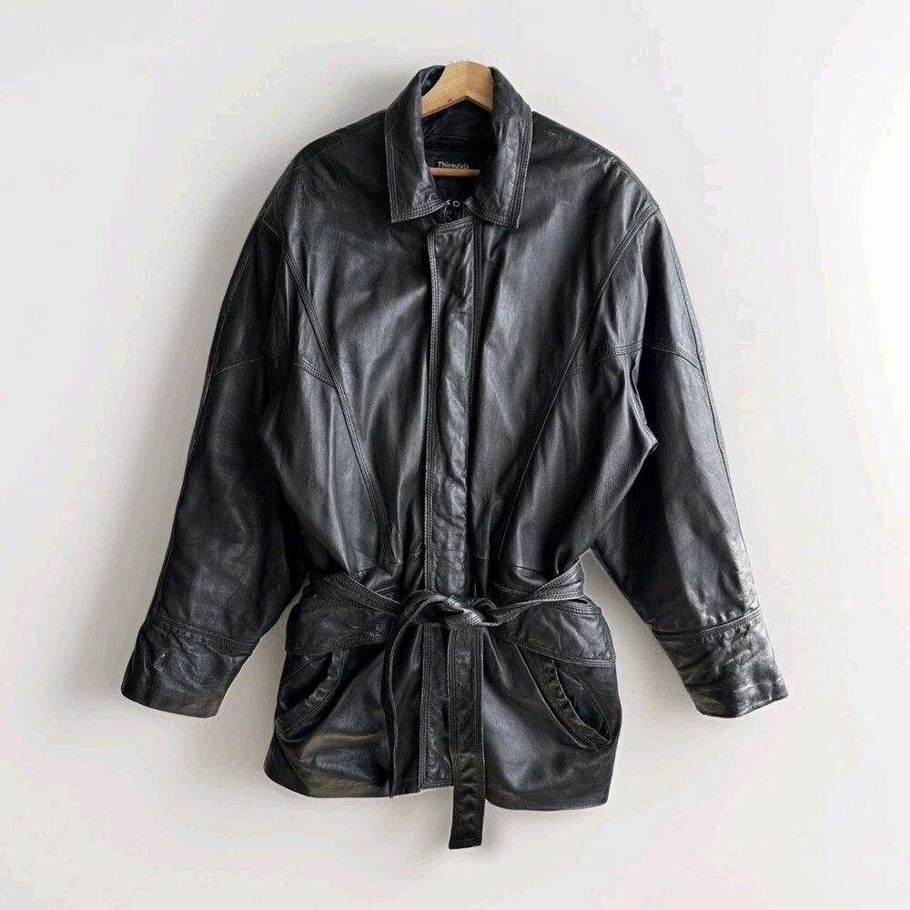 Wilsons Leather Belted Black Leather Long Coat Jacket Moto Thinsulate Mens Large